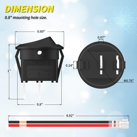Joinfworld 10Pcs Round Rocker Switch 12V ON Off Switch 12 Volt DC Circle Toggle Switch 2 Pin SPST 6A/250V 10A/125V AC 20MM Small Rocker Switch with Wires for Auto Car Marine Boat - UL Listed
