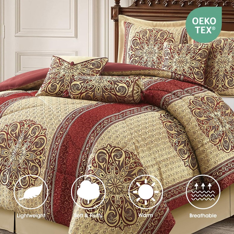 LANCO MODERN LIFESTYLE California King Comforter Set, Wine Gold Medallion