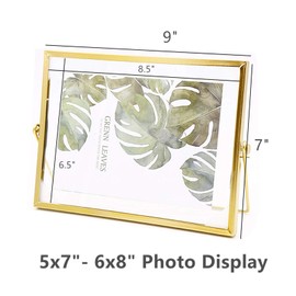 Leoyoubei Floating Glass Frame,Vintage Style and Glass Photo Frame Collection Metal Geometric Picture Frame,Double Glass,Metal Desk Vertical Frame 5x7 to 6x8 Photo Display (Horizontal-Gold)