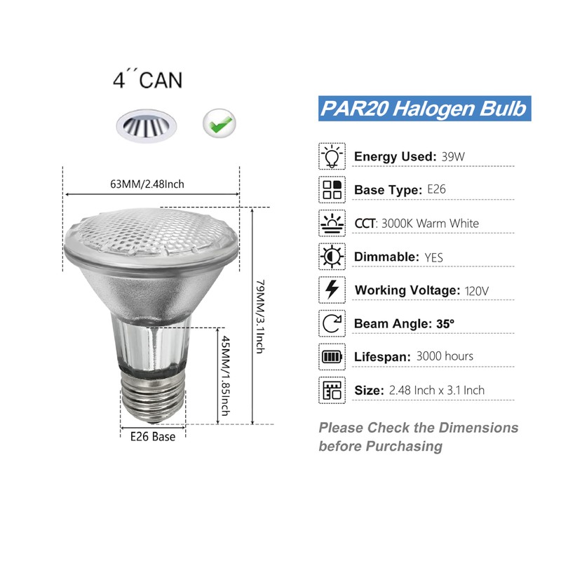 LuxGallerri PAR20 Halogen Light Bulbs 3 Pack 120V 39w Dimmable