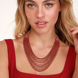 Flyonce Multi Layered Chunky Collar Necklace, Glitter Red Rhinestone Waterfall Multi-Strand Chains Statement Bib Necklace Costume Jewelry for Wedding Party Gold-Tone