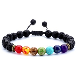 Hamoery Men Women 8mm Lava Rock Chakra Beads Bracelet Braided Rope Stone Agate Bracelet Bangle(Lava Chakra)