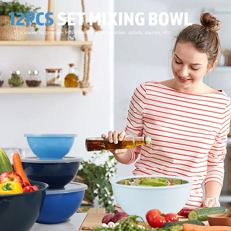 BoxedHome BPA Free Plastic Round Mixing Bowl with Lids, 12