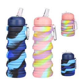 Botella de Agua Plegable, 2 PCS Botellas de agua blandas con válvula a prueba de fugas, 500ml Botella de Agua de Silicona Portátil, Capacidad plegada 225ml