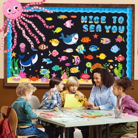 JUNEBRUSHS 104 Pcs Ocean Theme Bulletin Board Decorations, DIY Sea Animals Octopus Fish Paper Cutouts Set Under The Sea Classroom Decor for Back to School Summer Party Supplies