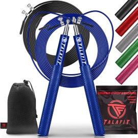 Professional Skipping Rope Crossfit TALAFIT | Adjustable Fitness Skipping Rope | Skipping Rope | Boxing Rope | Skipping Rope with High Speed Ball Bearings | Includes Bag (Black) (Blue)