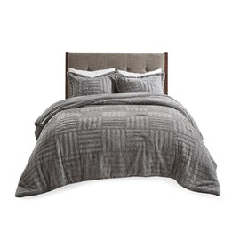 Pemberly Row Fur Down Comforter Mini Set in Gray King/Cal King