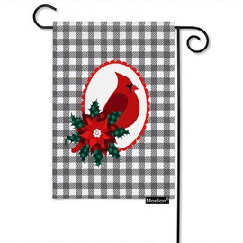 Moslion Red Cardinal Garden Flag 12.5x18 Inch Bird Poinsettia Holly Leaves in Gray White Buffalo Check Yard Flag Burlap Banners Vertical Double Sided for Farm House Outside