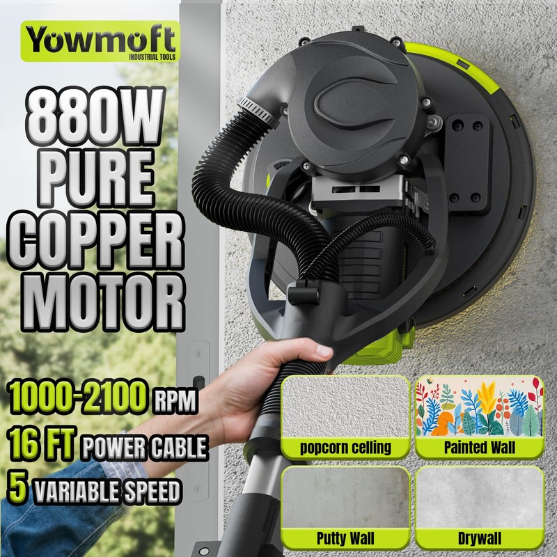 Yowmoft Drywall Sander with Vacuum Dust Collector, 880W Popcorn Ceiling