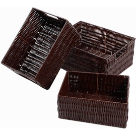 Elevon Plastic Wicker Basket Set of 3, Handmade Storage Basket for Organizing with Handles, Storage Bins for Home Kitchen Countertop, Shelf Organizer, Waterproof, Coffee
