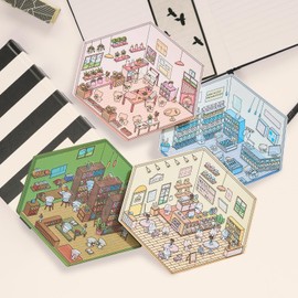 MADGININE 4 Set 3D Sticker Scene,3D House Stickers,Cartoon Miniature House Landscaping Stickers,Make Your Own Bookstore|Flower Shop|Convenience Store|Dessert Shop,for Adult Kid Relief Stress
