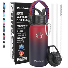 Pandaria 32oz Water Bottle Stainless Steel, Double Walled Vacuum Insulated Leak Proof Water Bottle with Handle, Hiking Water Bottle With 2 Straws, 2 Lids, 1 Cleaning Brush, 1 Paracord Handle (Vampire)