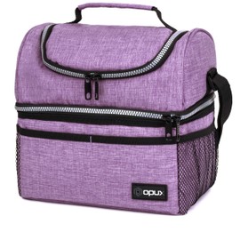 OPUX Lunch Box For Women, Insulated Large Lunch Bag Adult Work, Double Decker Lunchbox Meal Prep, Dual Compartment Leakproof Lunch Cooler, Soft Lunch Pail Tote for Girls Kids School (Purple 16 Cans)