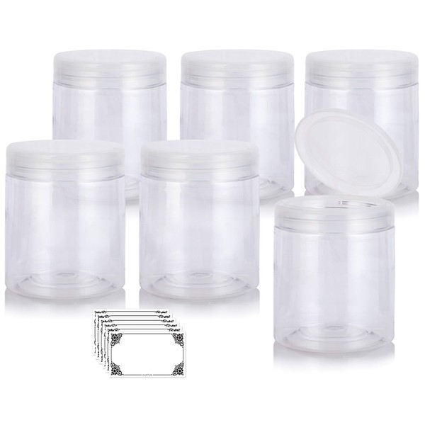 JUVITUS 19 oz Clear Large PET Plastic (BPA Free) Refillable Jar with Clear Natural Flip Top Cap - (6 pack) + Labels
