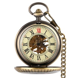 VIGOROSO Men's Hand-Wind Mechanical Pocket Watch Vintage Steampunk Wood Grain Hollow Design with Chain and Box