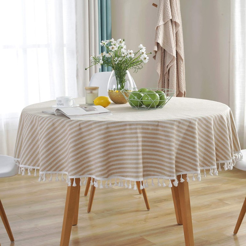 meioro Round Tablecloth Beige White Soft Plain Striped Linen Table