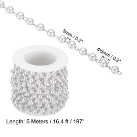 PATIKIL 5M Faux Pearl Bead Chain with 5mm Spool Brass Chain Link for Jewelry Making DIY Necklace Bracelet Accessories Style 1 Silver