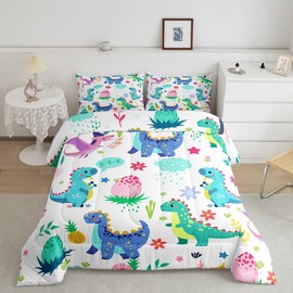 Cartoon Dinosaur Bedding Set Full Size, Blue Green Cute Dinos Comforter Kids Toddler Lovely Cute Animals Comforter Set Dinosaur Jungle Animals Duvet Set Full Size Microfiber Quilt Set