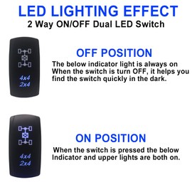 Waterproof 4x4 4x2 Rocker Switch On-Off 12V/20A 24V/10A 5Pin SPST Toggle Switch Blue Backlit, with Jumper Wires Set for Marine Boat Car Truck Trailer 4x4 Caravan RV SUV ATV UTV