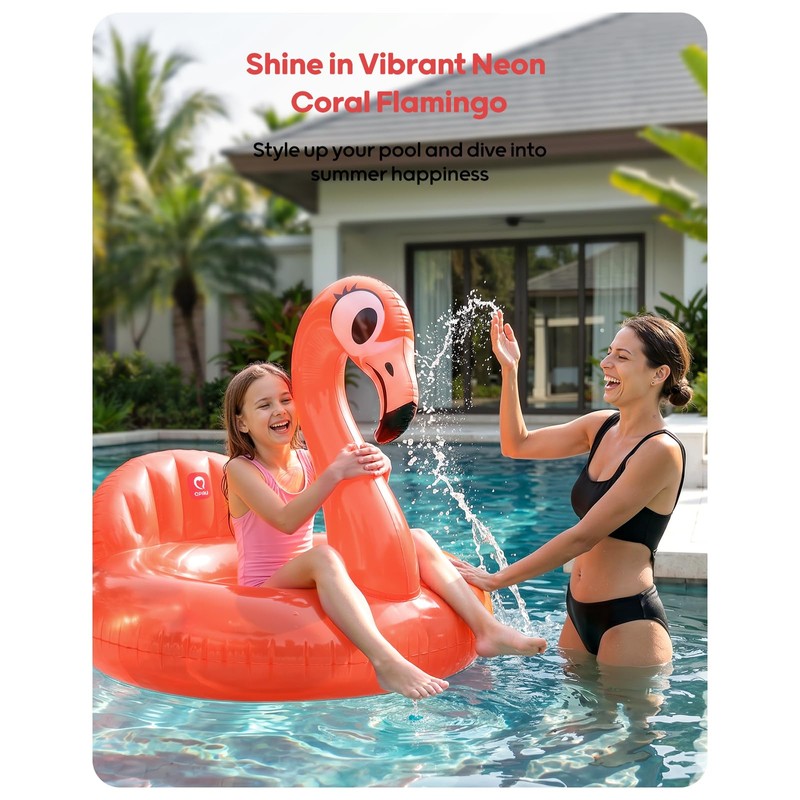 QPAU 43" Flamingo Pool Float, Neon Coral Inflatable Pool Float
