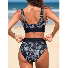 CUPSHE Women's Bikini Sets Two Piece Swimsuit Scoop Neck Tank Wide Straps Midkini Stitching,XS Black/White