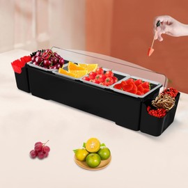 Garnish Tray with Lid Bar Caddy Condiment Serving Container for Home Kitchen,Fruit Salad Condiment Caddy,4 Compartment Dispenser Tray for Catering Dips Toppings,Ice Cream,with Extra Storage Space