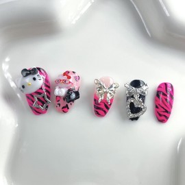Gyarust Black Pink Cat Nail - Coffin (Long) / 갸루st 블랙 핑크 고양이 네일 - 코핀(롱)
