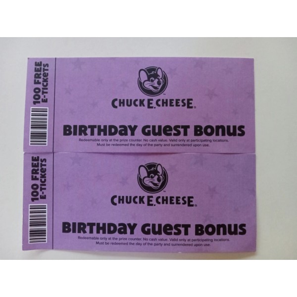 Chuck E Cheese's BIRTHDAY GUEST BONUS COLLECTOR MONEY 100 E-TICKETS