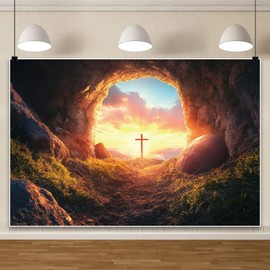Pnylzzyxh Jesus Christ Cross Backdrop Resurrection of Jesus Sunrise Tomb Easter Decorations Background Crucifixion Religious Christmas Background Lord Pray Church Event Studio Props 10x8ft