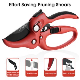 DURXO - Ratchet Pruning Shears, Garden Shears with Effort-Saving Device, Heavy Duty Anvil Hand Pruners with Replaceable Cutting Blade Design. Gardening Scissors. Garden Tools for Weaker Hands.