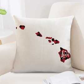 Hawaii Love Throw Pillow Cover Hawaii Cushion Case Black Red Plaid US States Map Pillow Case with Hidden Zipper Happy Valentine's Day Love Heart Pillowcase Decor for Sofa Patio Garden 16x16in