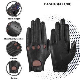 FASHIONLUXE Men's & Women’s Touchscreen Genuine Leather Driving Gloves,Classic Knuckle Cut Design,Breathable Fit Gloves(Black, Extra Large)