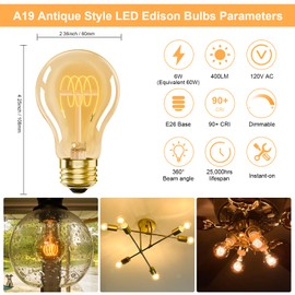 A19 E26 Vintage Edison Bulbs 6W LED Equivalent 60 Watt, 6 Pack Dimmable E26 LED Edison Amber Warm Light Bulbs 2200K, A19 Antique Decorative Spiral LED Light Bulb for Sputnik Chandelier, Pendant, 400LM