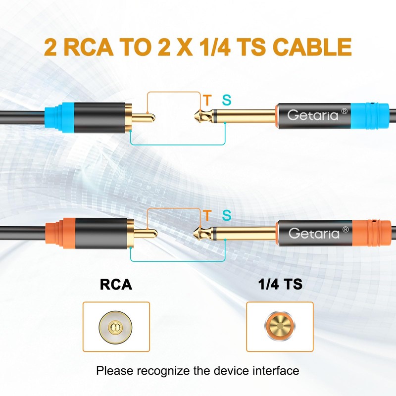Getaria 9.9ft RCA to 1/4 Cable,Dual 1/4 inch TS to