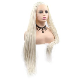 African American Box Braided Ladies Wig White Blonde Synthetic Lace Front Wig Heat Safe Long Braids Drag Queen Holiday Party Pastel Blonde Hair 26”