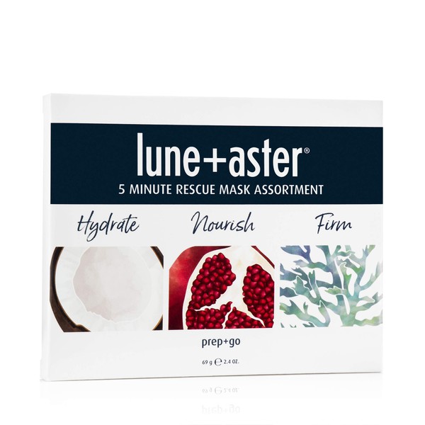 Lune+Aster 5 Minute Rescue Mask Assortment Trio - Hydrate, Firm and Nourish - Sheet mask trio assortment restores skin's moisture for a renewed complexion …
