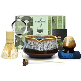Artcome Matcha Tool Set - Complete Kit with Matcha Bowl with Spout, Bamboo Whisk, Tea Scoop, Whisk Holder, Scoop Holder, Tea Cloth & Powder Strainer, Golden Glaz