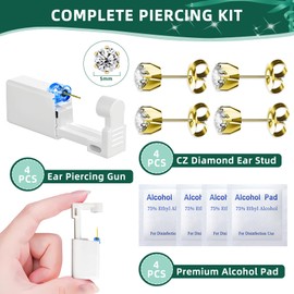 Nunpag 12 Pcs Ear Piercing Kit Disposable Ear Piercing Gun Kit with 4 Pcs 6 Prong Setting Cubic Zirconia Earrings Stud 316L Stainless Steel Easy to Use at Home Self Ear Piercer Gun Kit Tool, Gold