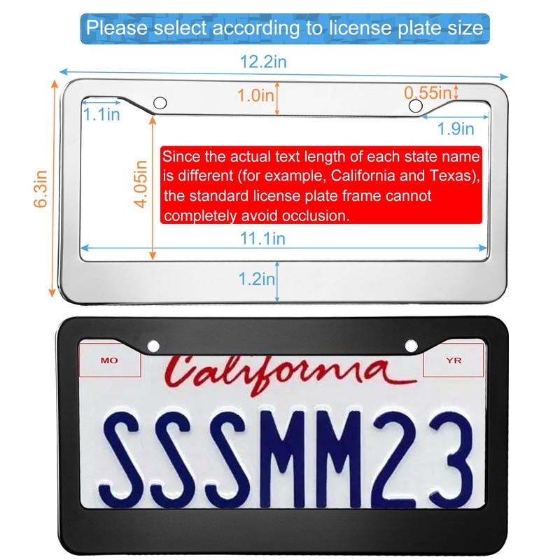 2PCS Chrome License Plate Frame, 2 Holes Silver Stainless Steel