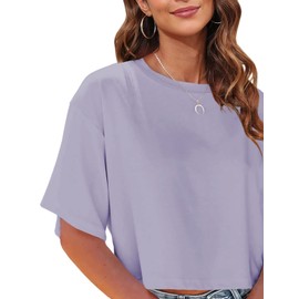 Tankaneo Womens Half Sleeve Cropped T-Shirts Drop Shoulder Round Neck Crop Tops Casual Summer Solid Color Basic Tees