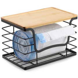 Trash Bag Dispenser Holder for Kitchen Laundry Wall Mount Stackable Garbage Bag Dispenser Roll Holder with Bamboo Top for Countertop, Under Sink