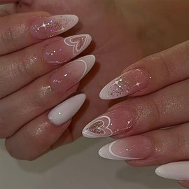 SINHOT Valentine's Day Almond Press-On Nails - Stiletto Pink Glitter Love Heart with White Bling Design, 24Pcs with Glue