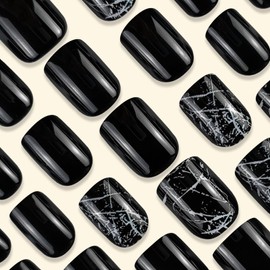 Black Press on Nails Short Fake Nails with Marble Cracks Designs Black White Square Glue on Nails Short False Nails Press ons Glossy Acrylic Stick on Nails for Women 24 Pcs
