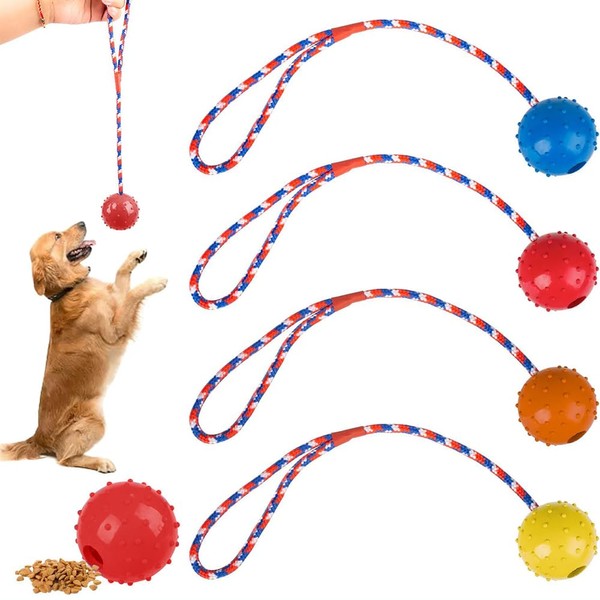 katmerio Pack of 4 Throwing Ball, Dog Ball with Rope,