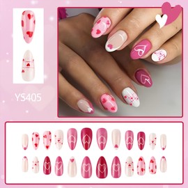 Cute Heart French Tip Fake Nails Romantic Press on Nails Long Oval Acrylic Glue on Nails Reusable Stick on Nails for Women