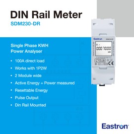 EASTRON SDM230DR Electricity Meter - Single Phase - Class 1 Accuracy - 100A kWh Mains Din Rail Smart Meter - Partial Resettable Energy with Fixed Pulse Output 1000imp/kWh & Backlit LCD Display. MID