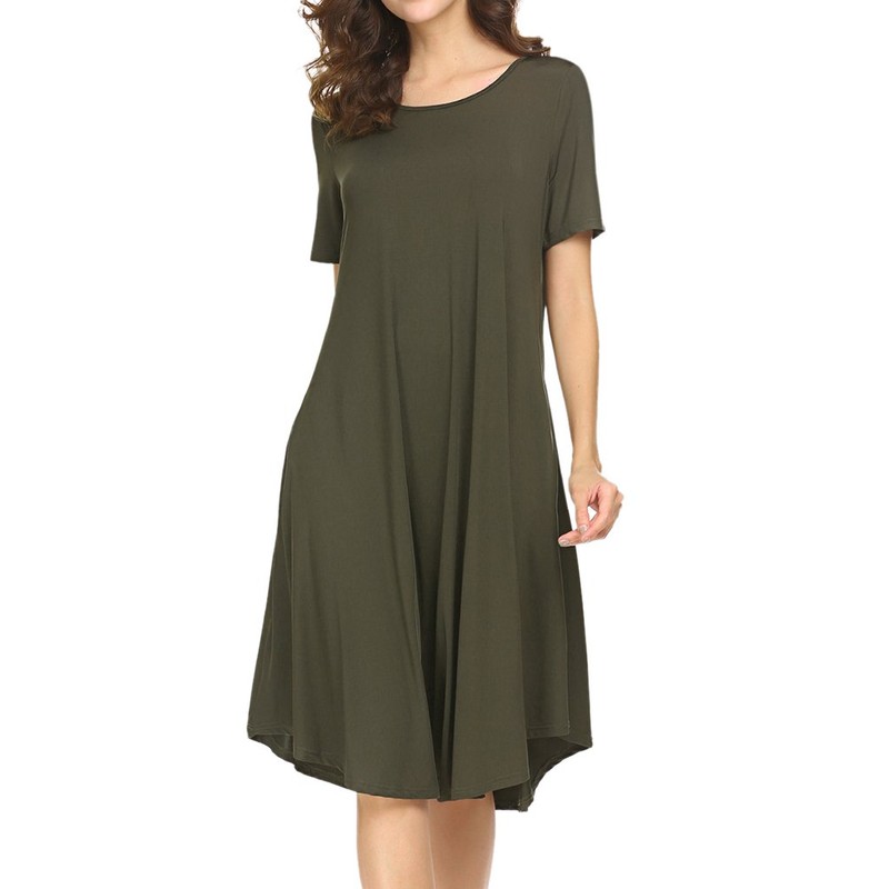 Locryz Womens Pockets Casual Swing Loose T-Shirt Midi Dresses M