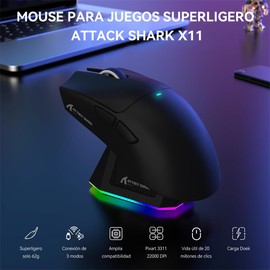 ATTACK SHARK X11 Mouse Inalámbrico con Base de Carga RGB, Mouse Gamer Ultraligero para Juegos, 2.4 GHz/Bluetooth/USB-C de 3 Modos, 24000DPI, 5 Botones programables para PC/Mac