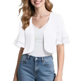 Urban CoCo Women's Sheer Chiffon Bolero Shrug Ruffle Short Sleeve Open Front Cropped Cardigan for Dresses(XL, White)
