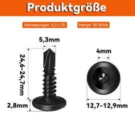 Dayalo Pack of 50 Self Tapping Screws 6.3 x 25 mm Stainless Steel Self Tapping Screws Self Drilling Screws Flat Head Hex Socket Screws Black with Bit